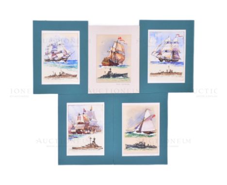 Mardon Son &amp; Hall - a collection of x5 pen, ink and watercolour illustrations of old and new warships, believed to be com
