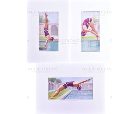 Ogden's (1931) - three pieces of highly detailed mixed media artwork created for the set of 50 cigarette card series 'Swimmin