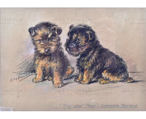 Lucy Dawson (1870 - 1954) - an original pastel artwork by British illustrator Lucy Dawson, depicting two Yorkshire Terriers c