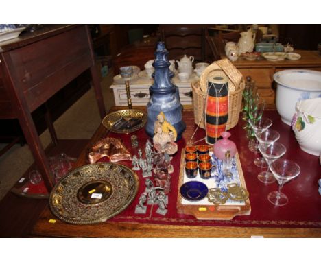 A pair of large pottery table lamp bases; an Eastern brass tray; various decorative ornaments; a tray inset with blue and whi