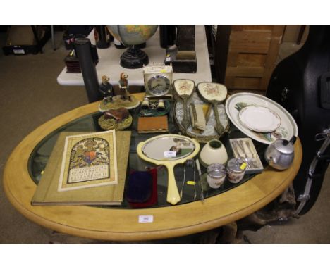 Two ornaments; together with a pair of opera glasses, a mantel clock, dressing table items, a Portmeirion "Birds of Britain" 