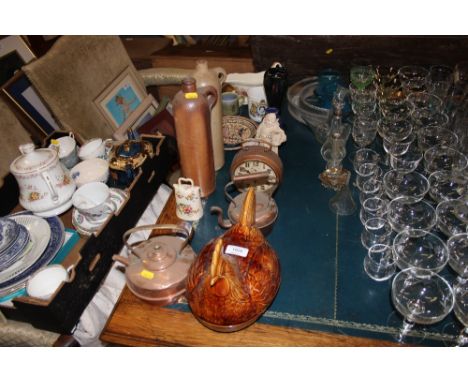 Two stoneware bottles; an egg tureen; an alarm clock etc.