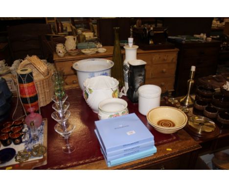 Five Wedgwood boxed plates; various jardini&egrave;res; a Jersey pottery table lamp base etc.