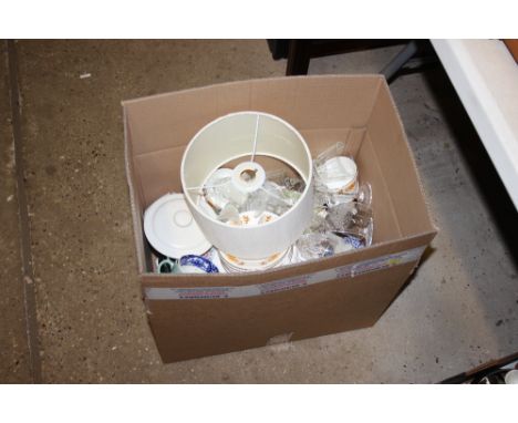 A box of various glass and china; and a lamp shade 