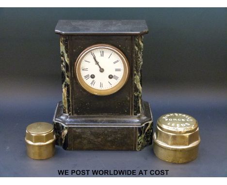 A Victorian slate mantel clock, with green marbled decoration to case, the white enamelled dial with Roman numerals, beetle a