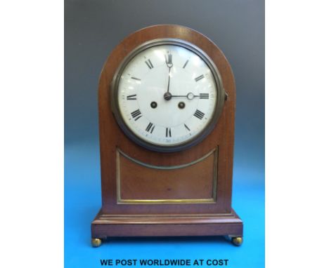 A 19thC mahogany arch top bracket clock by Japy Freres with 16cm enamelled dial, Breguet style hands, and some gilt decoratio