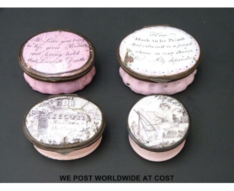 Four 18thC Bilston enamel pill boxes in pink, including 'I'll Love You Long as Life Gives Breath and Living Hold That Love ti