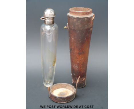 A silver plated conical leather-cased hunting flask