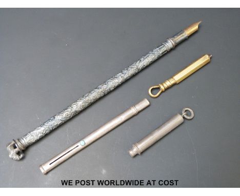 An Indian white metal pen with elephant finial, hallmarked silver pen with turquoise cabochon and a fob holder etc