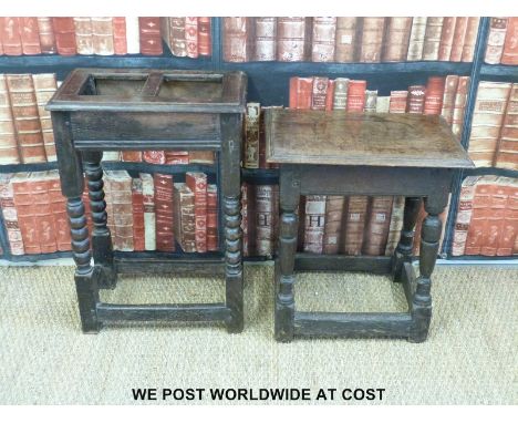 An antique oak peg jointed table (W49cm) together with a similar example converted to a stick/umbrella stand