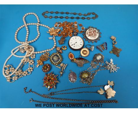 A hallmarked silver Dennison cased pocket watch, yellow metal mourning brooch, pearl necklace, filigree necklace, enamel butt