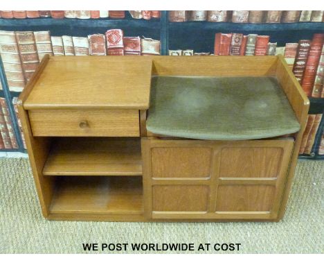 A retro telephone seat with fitted drawer and shelf unit and panelled cupboard together with a folding cake stand 