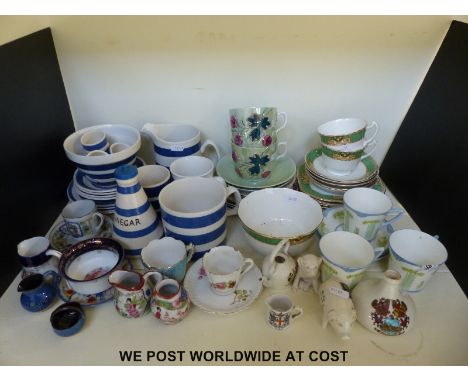 A collection of mixed ceramics to include crested ware, Cornish ware style, Art Deco cups and saucers etc 