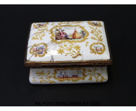 An 18thC sarcophagus shaped enamel patch box with central cartouche of sweethearts surrounded by eight more depicting departi