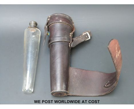 A Victorian hallmarked silver-mounted glass conical hunting flask in leather case, Ldn 1883 (length 24cm)