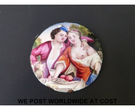 A late 18th / 19thC enamel portrait miniature of a couple picnicking, the man with his arm around his bare breasted lover, 2.