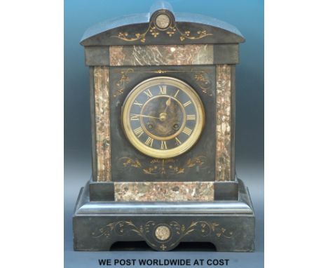 A French slate mantel clock with coloured marble inlay, the movement striking on a gong