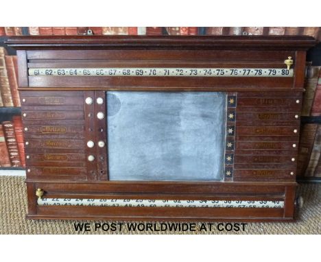 A vintage snooker scoreboard with lamp above, marked Palmer & Sons, London (H72 x W114 x D9cm) 