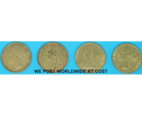 A cased Royal Mint Victoria Anniversary Collection of gold coins comprising four gold full sovereigns from various eras of he