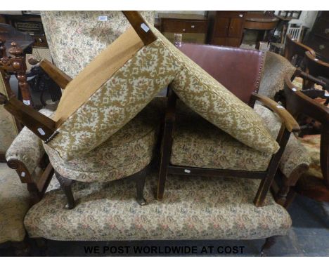 A 19thC upholstered inlaid walnut framed sofa with two similarly upholstered chairs 