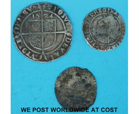 An Elizabeth I hammered 6d 1574 with a very good portrait, together with a 3d 1566 and a posthumous issue Henry VIII half gro