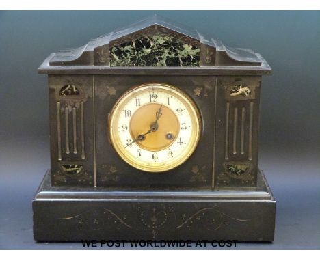 A late 19th century  black slate mantel clock in classical style, with green marbled inlay decoration to case, gilt dial with