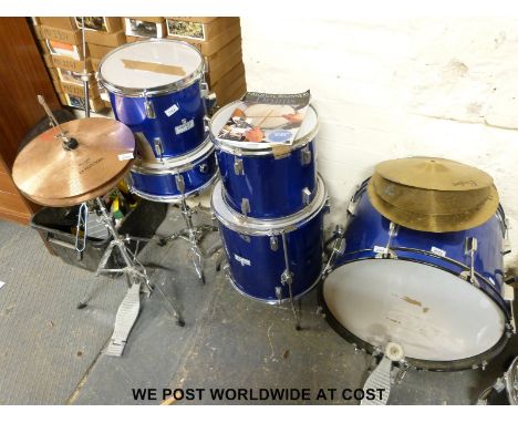 A Boston Drum kit in blue lacquer finish with Stagg drum stool and 36cm Toscano Hi-hat cymbals, Boston cymbals etc 