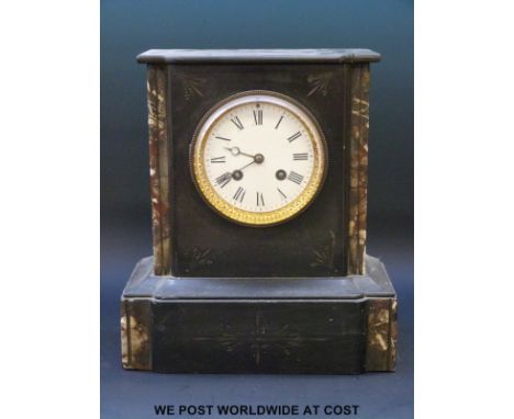 A 19th century black slate mantel clock with marbled decoration, the white enamelled dial with Roman numerals, gilt decorated