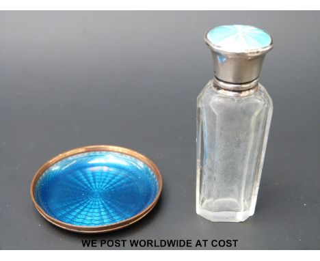 Hallmarked silver guilloche enamel topped scent bottle (height 7.5cm) together with a guilloche pin dish 