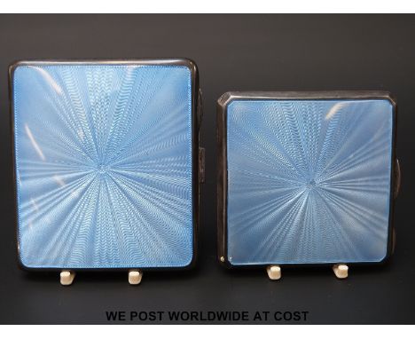 A matching hallmarked silver compact and cigarette case with guilloche enamel decoration B'ham 1936 maker William Neale & Son
