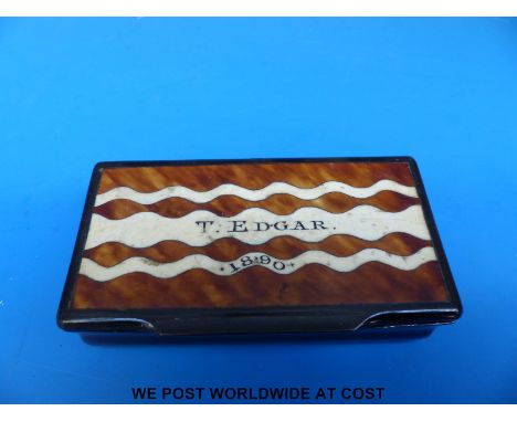 A Victorian horn, tortoiseshell and ivory snuff box marked T. Edgar 1890 to lid