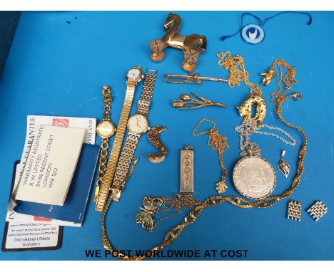 A quantity of costume jewellery including silver ingot, Steiff articulated teddy pendant, Stratton fox brooch, 9ct gold heart