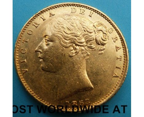 A cased 1853 Victoria young head gold full sovereign, first reverse, no die mark