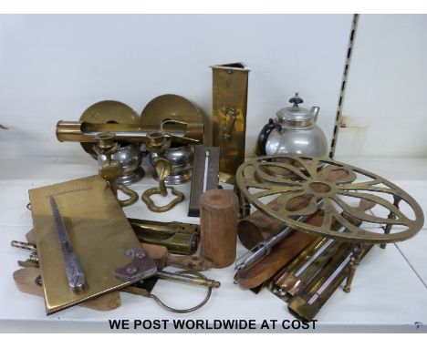 A collection of brass thermometers, a Bullers brass scale, trench art etc