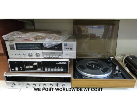 A Garrard SP25 turntable together with a 1255B example and a JVC cassette deck, a Trio tuner, Teleton receiver and amplifier.