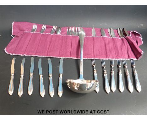 A set of hallmarked silver handled dessert forks/knives together with a plated ladle and a set of Old Hall fish knives and fo