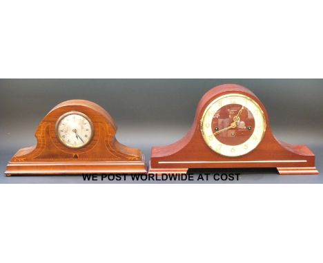 A inlaid C1910 mantel clock fitted with a Quartz movement and a Woodford three train mantel clock