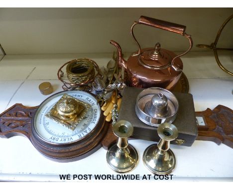 A quantity of metalware and collectables to include oak cased aneroid barometer, plated ware etc