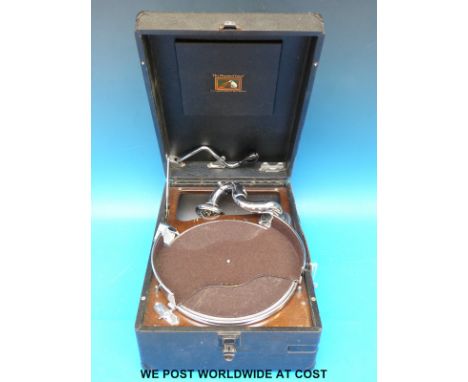 A vintage c1920 portable wind up gramophone in rexine finish 