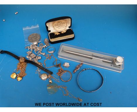Silver charm bracelet, bangle, 9ct gold brooch, chains etc, 9ct gold watch, Parker pen etc