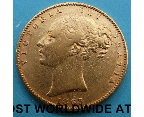 A cased 1863 Victoria young head gold full sovereign, first reverse, no die mark