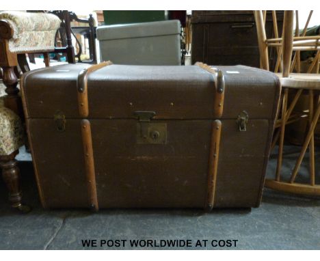 A vintage ash bound leather handled trunk (W76 x D50 x H50cm)