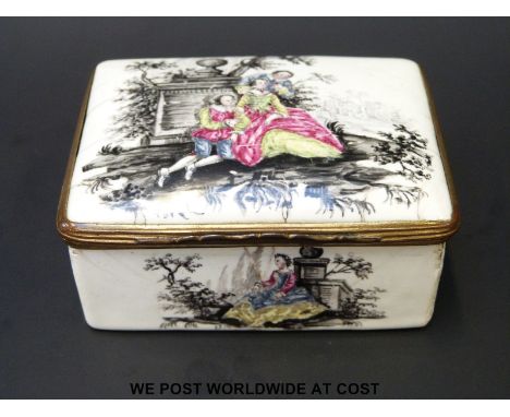 An 18thC enamel patch box of unusually large proportions, decorated with three figures to the lid and a man and a woman to th
