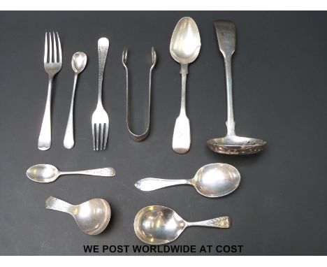A quantity of hallmarked silver cutlery to include sifter spoon, Georgian caddy spoon etc.(180g)