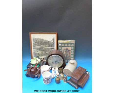 A Smiths Enfield mantel clock, an oak inkwell, a vintage Kodak camera, commemorative mugs, a drawing set, Sylvac and a sketch