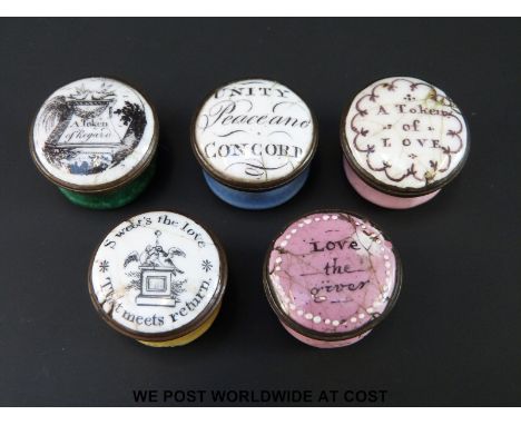 Five miniature 18thC Bilston enamel pill boxes 'Love the Giver' 'A Token of Love' 'Unity, Peace and Concord' 'A Token of Rega