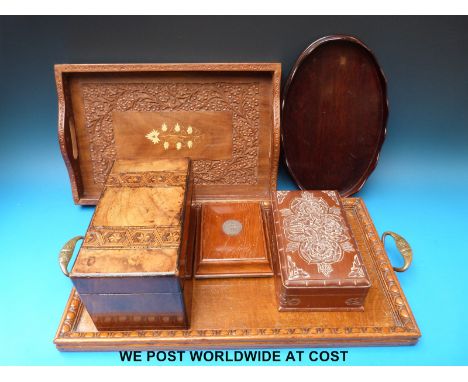 A 19thC Turnbridge ware two division tea caddy, cased presentation autograph book, and three trays