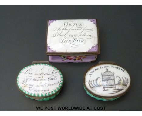 Three 18thC Bilston / Battersea enamel pill or patch boxes including 'Virtue is the Fairest Jewel That Can Adorn the Fair' 'L