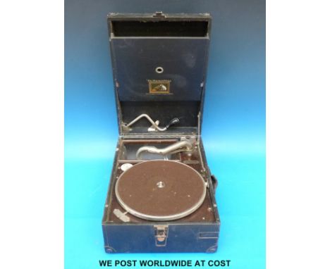 A portable vintage HMV model 101 wind up gramophone in black 'Rexine' finish  