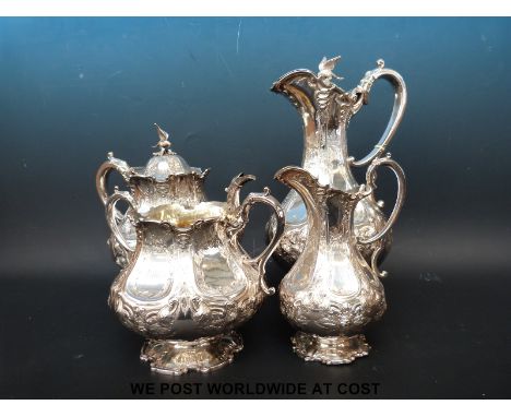 A silver plated four peace tea service with lobed, engraved and embossed decoration